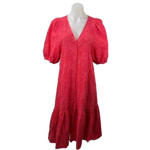 Zara Dresses & Skirts - Zara Red Eyelet Embroidered V-neck Puff Sleeve Flounce Midi A-Line Dress Size S